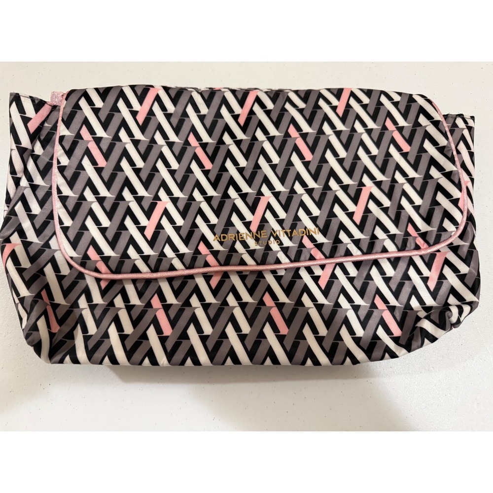 Adrienne Vittadini Studio Geometric Cosmetic Bag Pink Black Chevron Travel Pouch